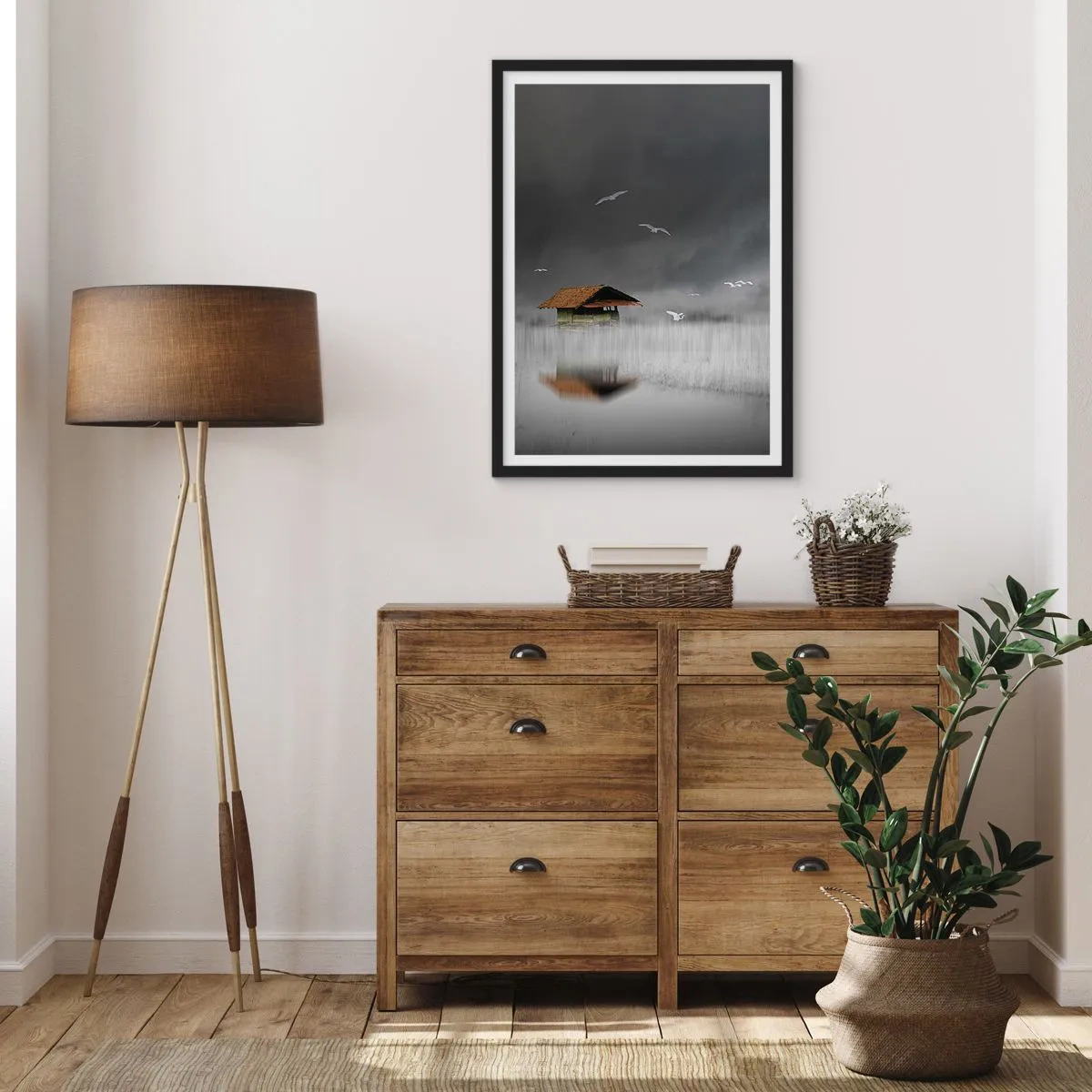 Póster en marco negro - Una casa flotante rodeada de niebla con pájaros sobre un fondo oscuro. - 50x70cm - Resguardo de la lluvia - Decoración de pared moderna para salón y dormitorio ARTTOR