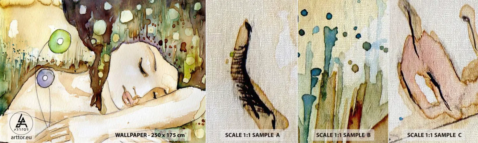 Muestra de fotomural Premium Canvas - Sueño esmeralda y violeta - Abstracción, Mujer, Ilustración - 100x30 cm