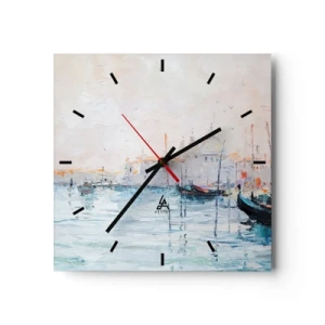 Reloj de pared - Reloj de vidrio - Vista pintoresca de los canales con barcos de colores pastel. - 30x30cm - Más allá del agua, más allá de la niebla - Decoración de pared moderna para salón y dormitorio ARTTOR