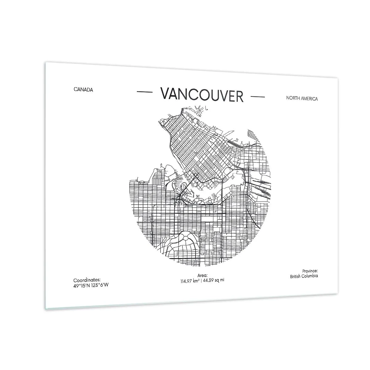 Cuadro sobre vidrio - Impresiones sobre Vidrio - Mapa callejero en blanco y negro de Vancouver - 70x50cm - Anatomía de Vancouver - Decoración de pared moderna para salón y dormitorio ARTTOR
