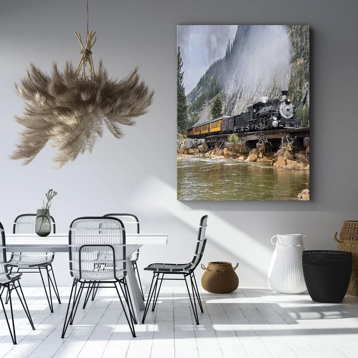 Cuadro sobre lienzo - Impresión de Imagen - Una locomotora de vapor en un puente en un pintoresco paisaje montañoso. - 50x70cm - ¿Adónde me llevas? - Decoración de pared moderna para salón y dormitorio ARTTOR