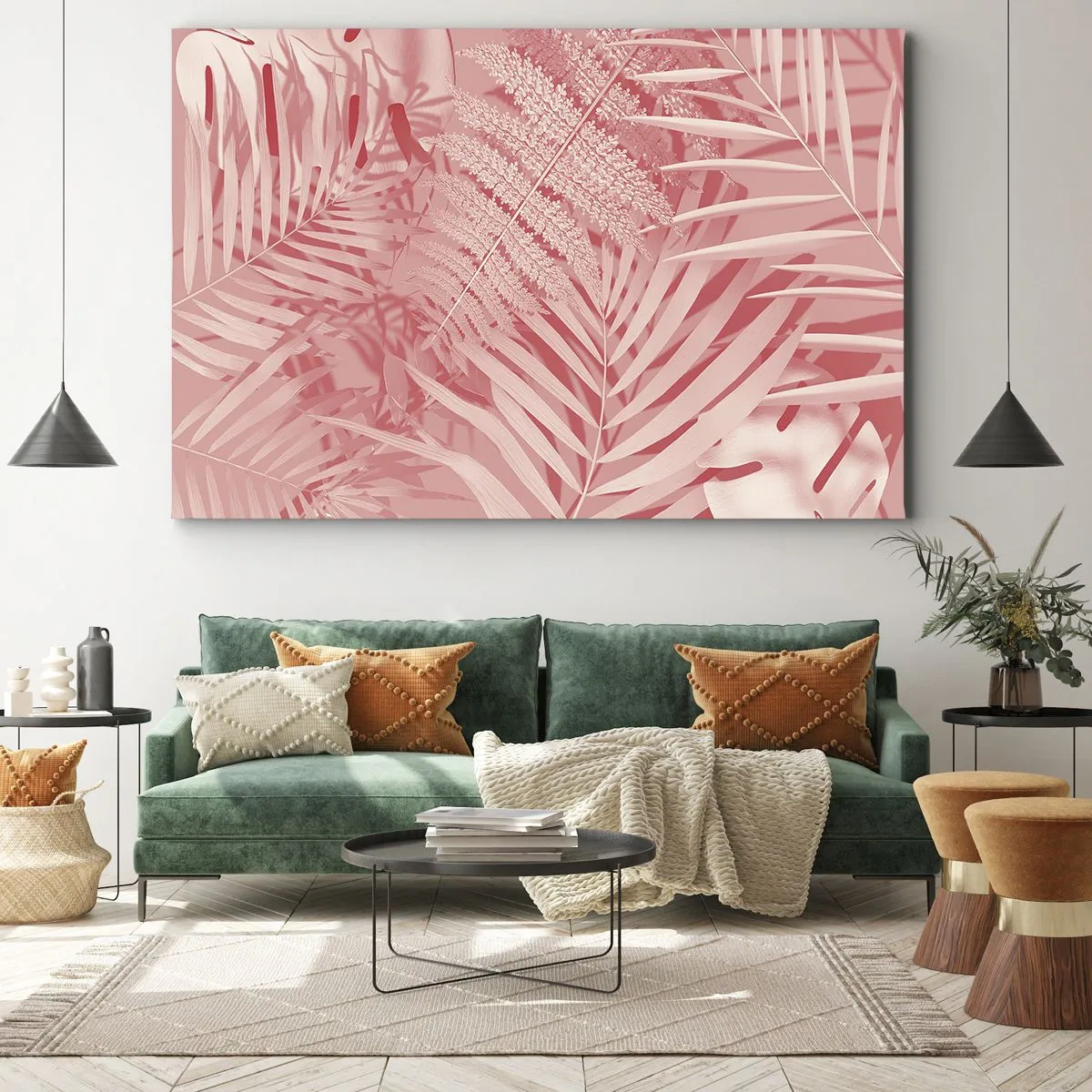 Cuadro sobre lienzo - Impresión de Imagen - Hojas tropicales rosas en un estilo delicado y minimalista. - 100x70cm - Concepto rosa - Decoración de pared moderna para salón y dormitorio ARTTOR