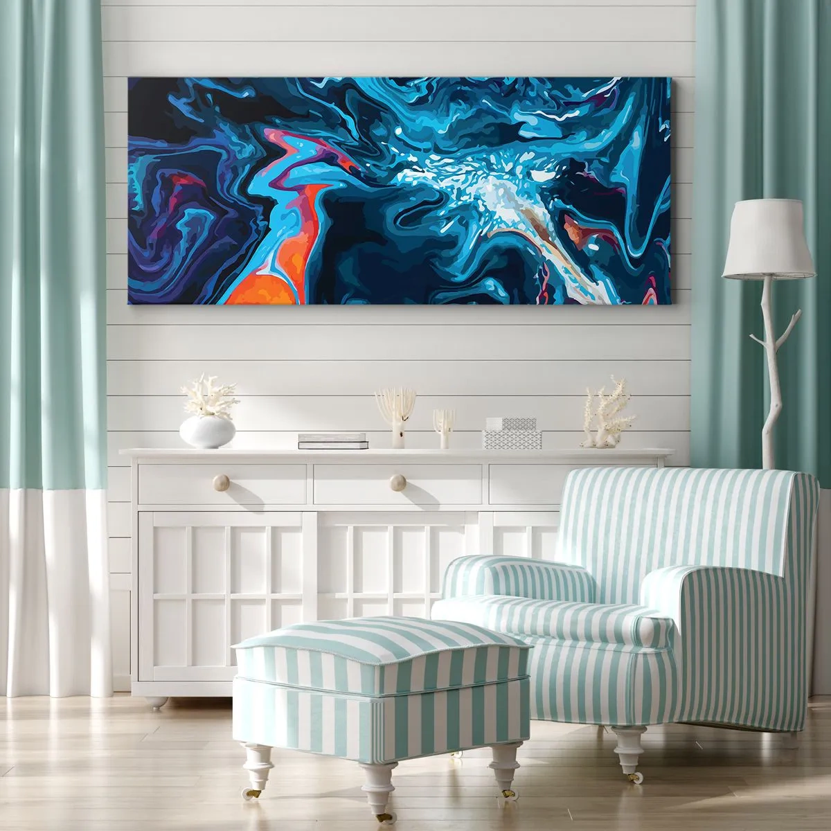 Cuadro sobre lienzo - Impresión de Imagen - Un patrón abstracto en tonos azules con acentos naranjas. - 140x50cm - Un viaje al cielo - Decoración de pared moderna para salón y dormitorio ARTTOR