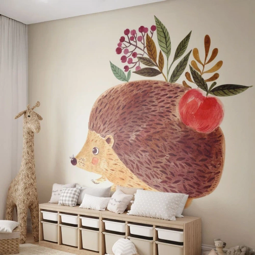 Fotomural Standard Eco - Ilustración de un erizo con una manzana y hojas en su espalda. - 100x70cm - Y ya te gusto - Decoración de pared moderna para salón y dormitorio ARTTOR