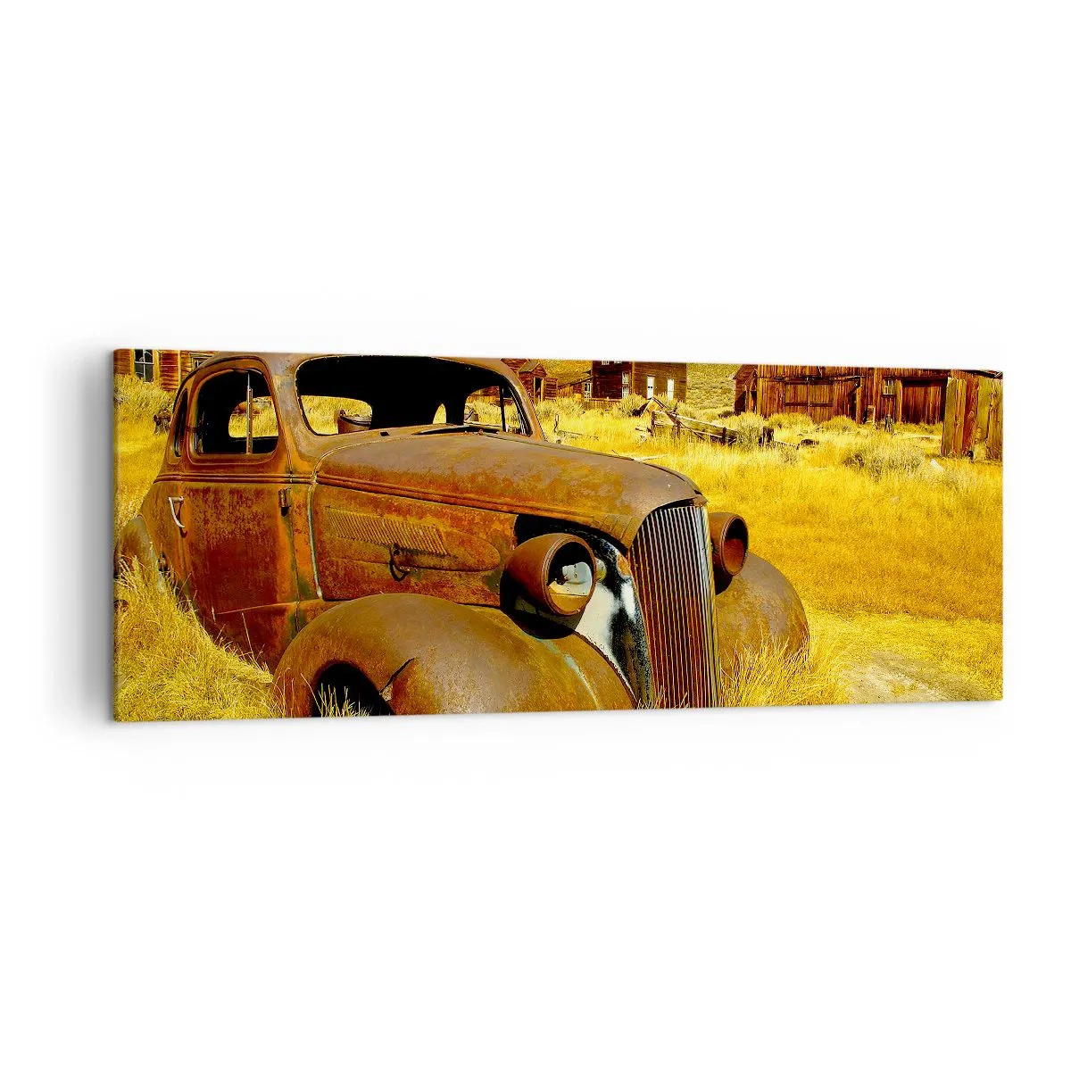 Cuadro sobre lienzo - Impresión de Imagen - Un viejo coche oxidado con el telón de fondo de cabañas de madera abandonadas. - 140x50cm - Un merecido descanso - Decoración de pared moderna para salón y dormitorio ARTTOR