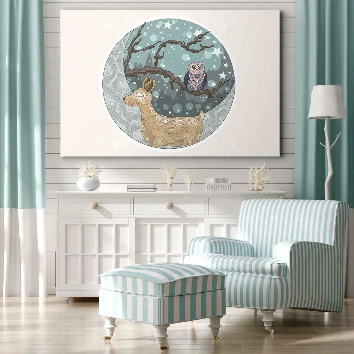 Cuadro sobre lienzo - Impresión de Imagen - Un ciervo y un búho en un paisaje nocturno de cuento de hadas. - 120x80cm - Noche de bosque de cuento de hadas - Decoración de pared moderna para salón y dormitorio ARTTOR