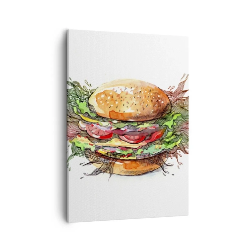 Cuadro sobre lienzo - Impresión de Imagen - Ilustración artística de una hamburguesa con elementos dinámicos. - 50x70cm - Tentación irresistible - Decoración de pared moderna para salón y dormitorio ARTTOR