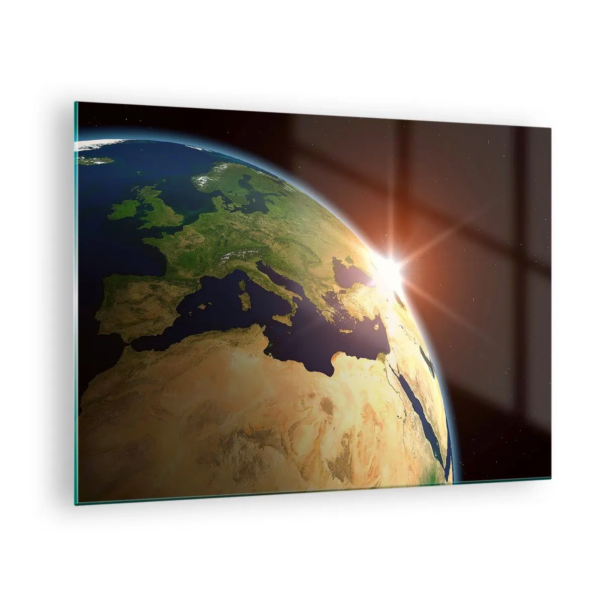 Cuadro sobre vidrio - Impresiones sobre Vidrio - La Tierra iluminada por el sol naciente desde el espacio - 70x50cm - Amanecer - Decoración de pared moderna para salón y dormitorio ARTTOR