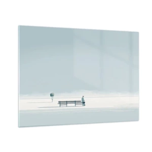 Cuadro sobre vidrio - Impresiones sobre Vidrio - Una figura en un banco en un paisaje minimalista. - 70x50cm - Sí, estoy esperando - Decoración de pared moderna para salón y dormitorio ARTTOR