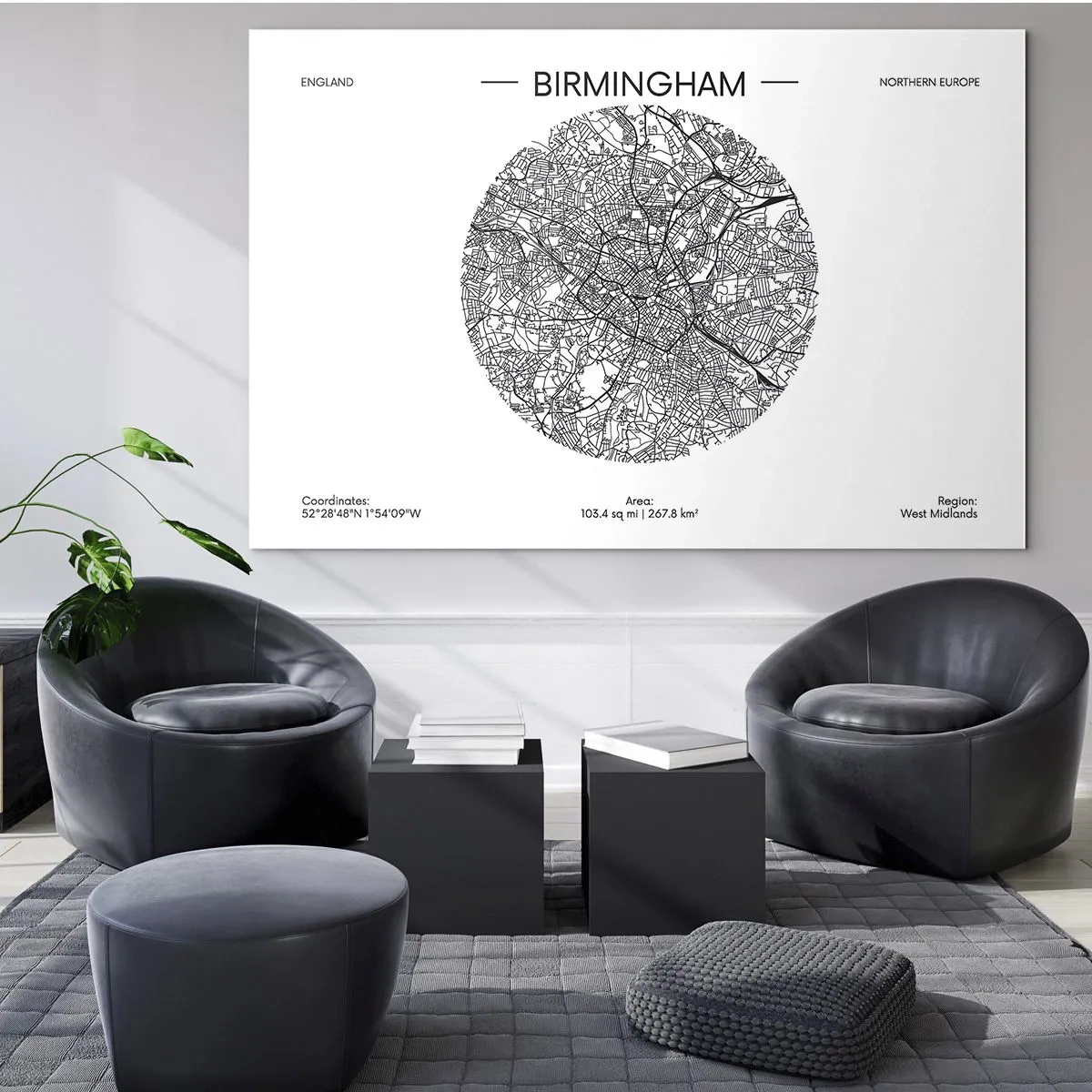 Cuadro sobre vidrio - Impresiones sobre Vidrio - Mapa en blanco y negro de Birmingham en un estilo gráfico moderno - 100x70cm - Anatomía de Birmingham - Decoración de pared moderna para salón y dormitorio ARTTOR