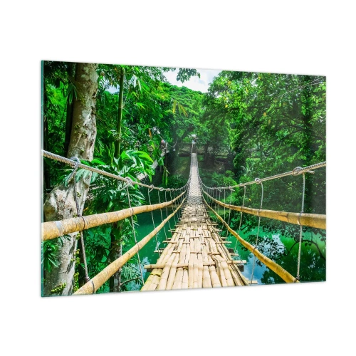 Cuadro sobre vidrio - Impresiones sobre Vidrio - Un puente colgante de bambú entre la vegetación tropical sobre un río. - 100x70cm - Puente colgante sobre la vegetación - Decoración de pared moderna para salón y dormitorio ARTTOR