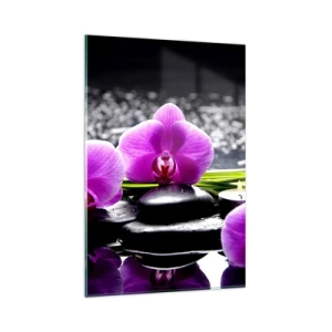 Cuadro sobre vidrio - Impresiones sobre Vidrio - Orquídeas moradas sobre un fondo de piedras y velas en un entorno relajante. - 80x120cm - Ahogarse en la paz y la tranquilidad - Decoración de pared moderna para salón y dormitorio ARTTOR