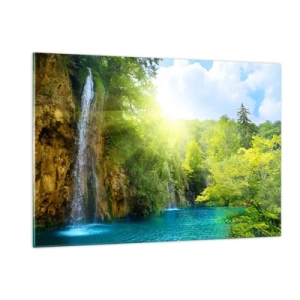 Cuadro sobre vidrio - Impresiones sobre Vidrio - Una cascada que desemboca en un lago azul rodeado de vegetación. - 120x80cm - Debe ser el Edén - Decoración de pared moderna para salón y dormitorio ARTTOR