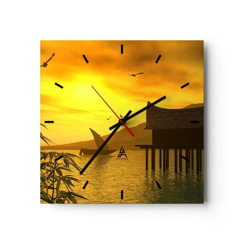 Reloj de pared - Reloj de vidrio - Puesta de sol tropical sobre el agua con casa de madera sobre pilotes. - 30x30cm - La ansiada paz - Decoración de pared moderna para salón y dormitorio ARTTOR