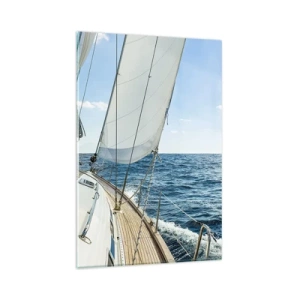 Cuadro sobre vidrio - Impresiones sobre Vidrio - Un velero en un mar tranquilo bajo un cielo azul. - 80x120cm - Ahoy, a la aventura - Decoración de pared moderna para salón y dormitorio ARTTOR