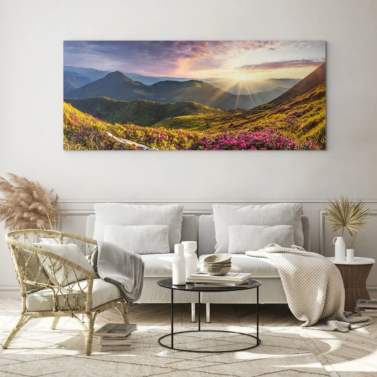 Cuadro sobre vidrio - Impresiones sobre Vidrio - La frescura de una mañana de montaña - 90x30 cm