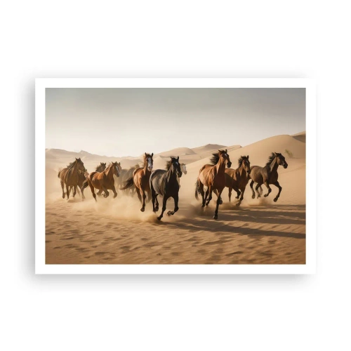 Póster - Caballos al galope contra un fondo desértico - 100x70cm - Libre como el viento - Decoración de pared moderna para salón y dormitorio ARTTOR