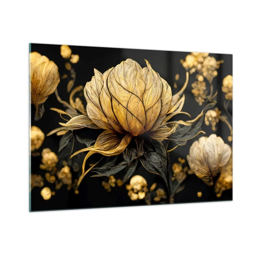 Cuadro sobre vidrio - Impresiones sobre Vidrio - Flores doradas sobre fondo negro en una elegante composición. - 100x70cm - Sutil fragilidad - Decoración de pared moderna para salón y dormitorio ARTTOR