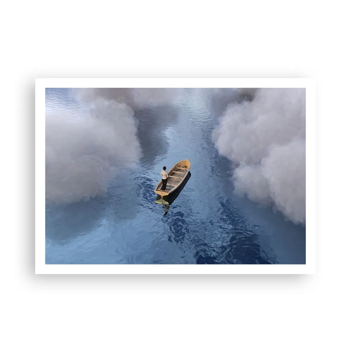 Póster - Un hombre en un barco en un mar tranquilo rodeado de nubes. - 100x70cm - La vida - el viaje - lo desconocido - Decoración de pared moderna para salón y dormitorio ARTTOR