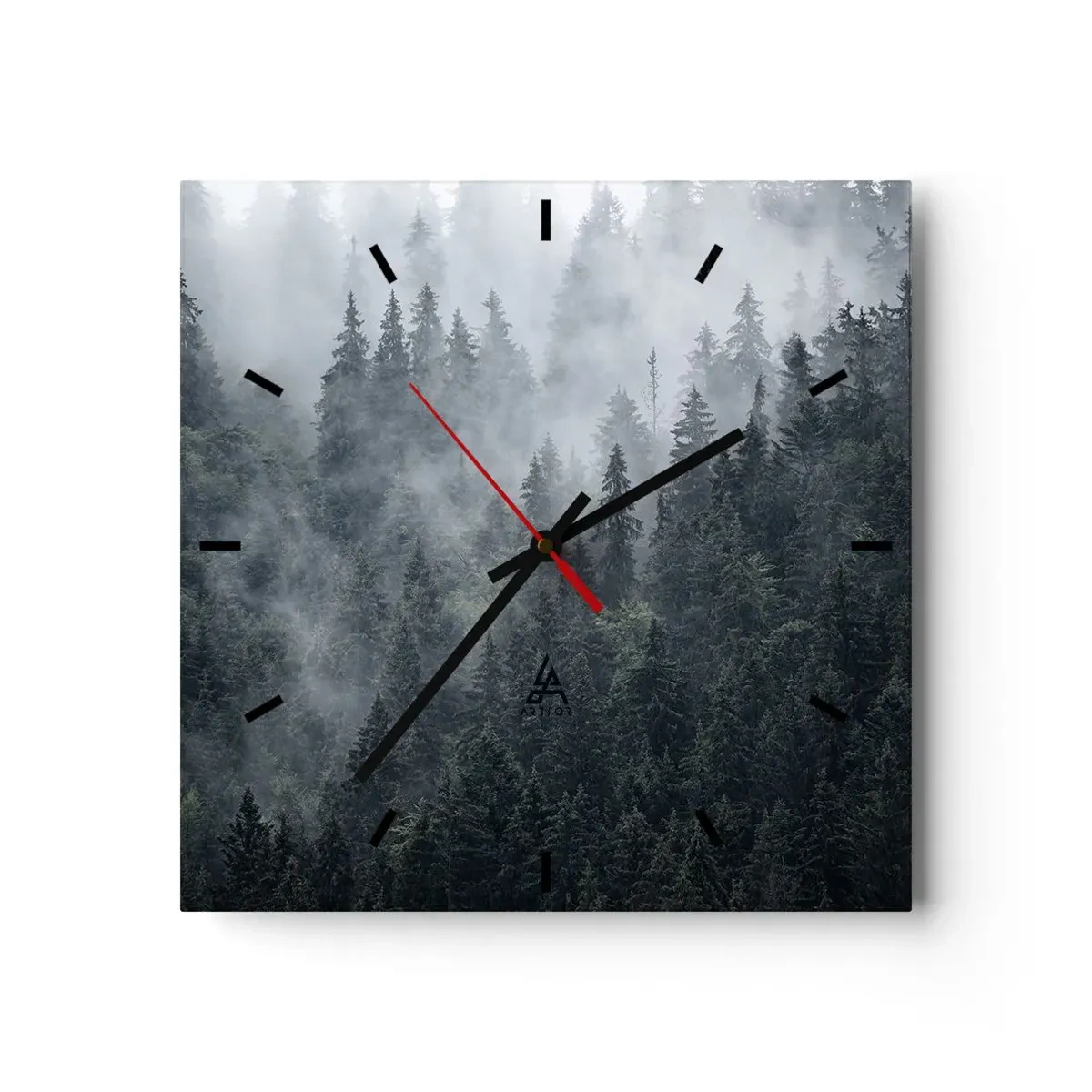 Reloj de pared - Reloj de vidrio - Bosque de coníferas brumoso en tonos grises y verdes. - 30x30cm - Amanecer en el bosque - Decoración de pared moderna para salón y dormitorio ARTTOR