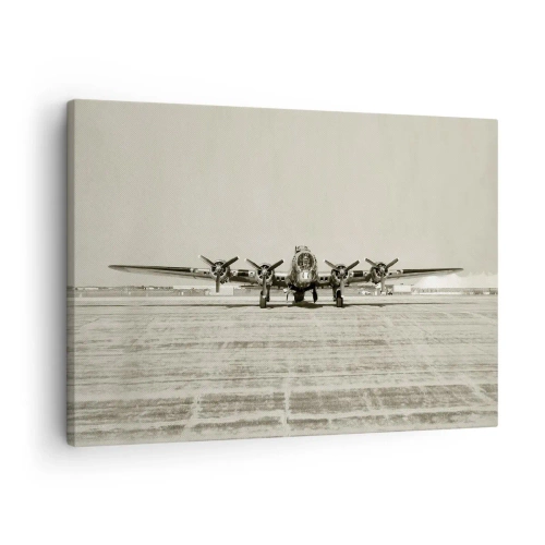Cuadro sobre lienzo - Impresión de Imagen - Avión histórico en el aeropuerto en sepia - 70x50cm - Como siempre, preparado - Decoración de pared moderna para salón y dormitorio ARTTOR
