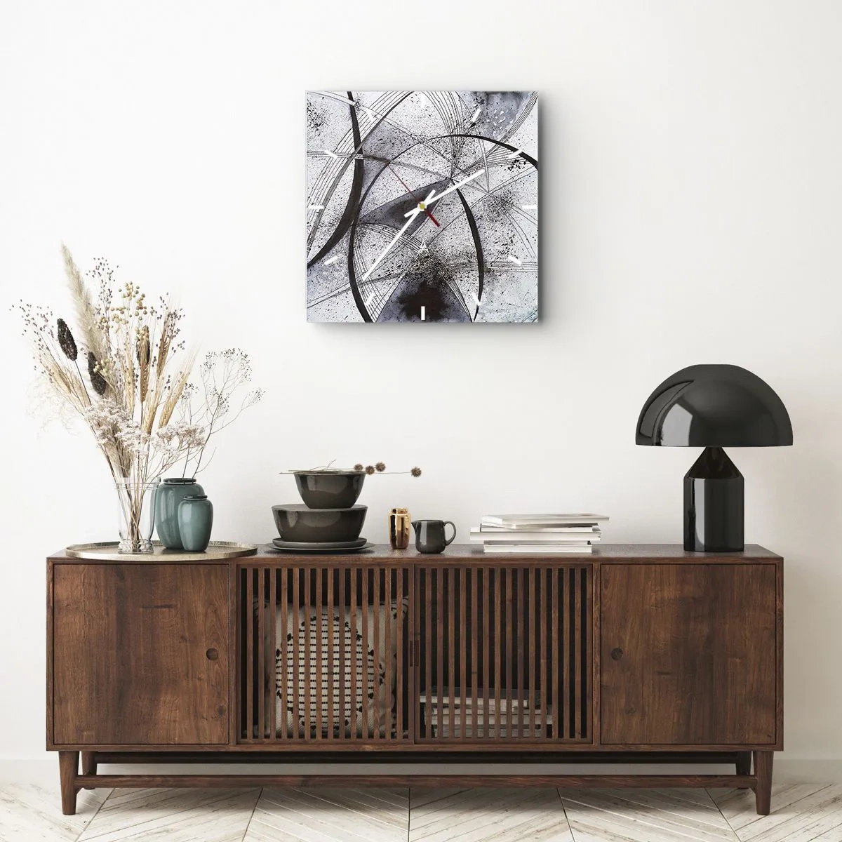 Reloj de pared - Reloj de vidrio - Líneas y formas abstractas en tonos de gris y negro. - 30x30cm - Fantasía futurista - Decoración de pared moderna para salón y dormitorio ARTTOR