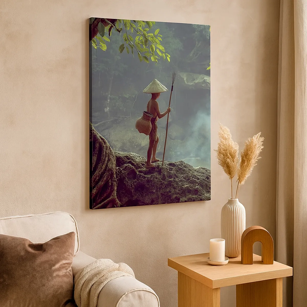 Cuadro sobre lienzo - Impresión de Imagen - Una figura con una lanza en una cascada en un bosque tropical. - 50x70cm - Amistad con la naturaleza - Decoración de pared moderna para salón y dormitorio ARTTOR