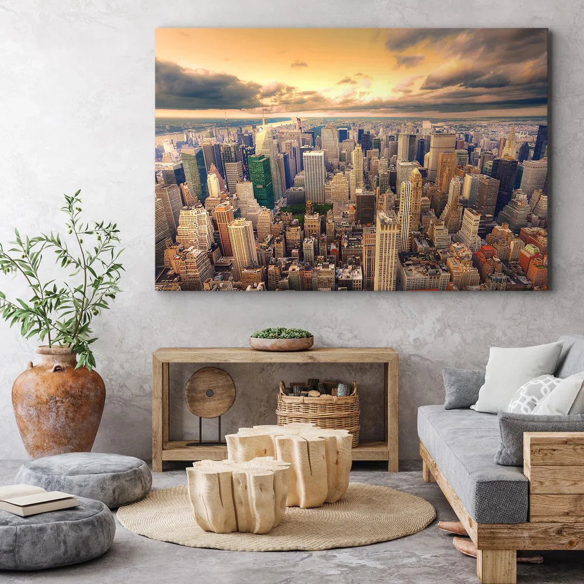 Cuadro sobre lienzo - Impresión de Imagen - Panorama de la ciudad con vistas a los rascacielos al atardecer - 100x70cm - Metrópolis dorada - Decoración de pared moderna para salón y dormitorio ARTTOR
