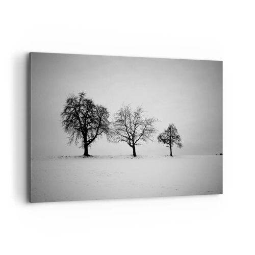 Cuadro sobre lienzo - Impresión de Imagen - Tres árboles en un campo nevado en estilo monocromático. - 100x70cm - ¿Con qué sueñan? - Decoración de pared moderna para salón y dormitorio ARTTOR