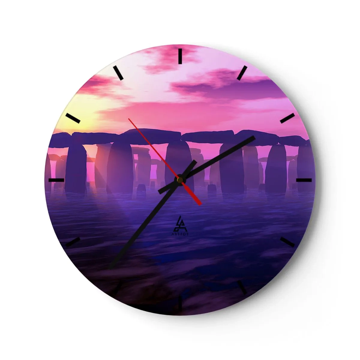 Reloj de pared - Reloj de vidrio - Un círculo de piedras a la luz del sol poniente. - 30x30cm - Misterio al amanecer en la niebla - Decoración de pared moderna para salón, cocina y dormitorio ARTTOR