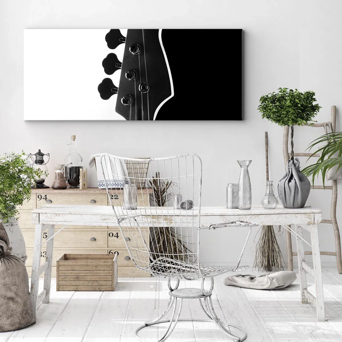 Cuadro sobre lienzo - Impresión de Imagen - Silueta en blanco y negro del clavijero de un bajo - 140x50cm - Silencio musical  - Decoración de pared moderna para salón y dormitorio ARTTOR