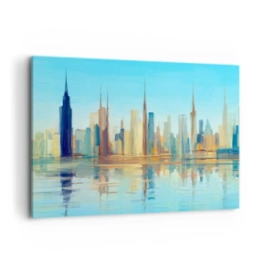 Cuadro sobre lienzo - Impresión de Imagen - Un panorama de la ciudad en colores cálidos con reflejo en el agua. - 100x70cm - Metrópolis soleada - Decoración de pared moderna para salón y dormitorio ARTTOR