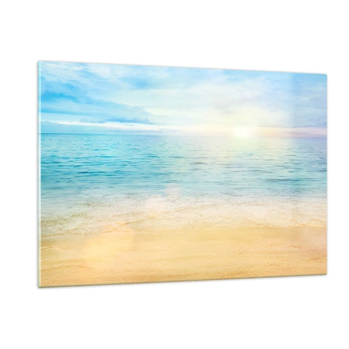 Cuadro sobre vidrio - Impresiones sobre Vidrio - Una playa soleada con mar y cielo azules. - 120x80cm - Gran cielo azul - Decoración de pared moderna para salón y dormitorio ARTTOR