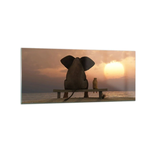 Cuadro sobre vidrio - Impresiones sobre Vidrio - Un elefante y un perro están sentados en un banco en la playa durante el atardecer. - 120x50cm - Es bueno estar en silencio juntos - Decoración de pared moderna para salón y dormitorio ARTTOR