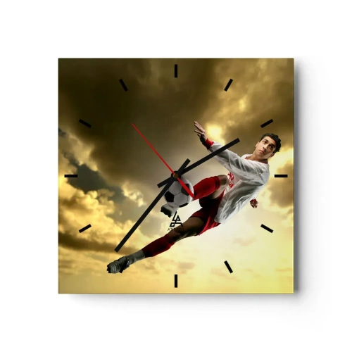 Reloj de pared - Reloj de vidrio - Un jugador de fútbol en un salto dinámico pateando el balón contra el cielo. - 30x30cm - El cielo del fútbol - Decoración de pared moderna para salón y dormitorio ARTTOR