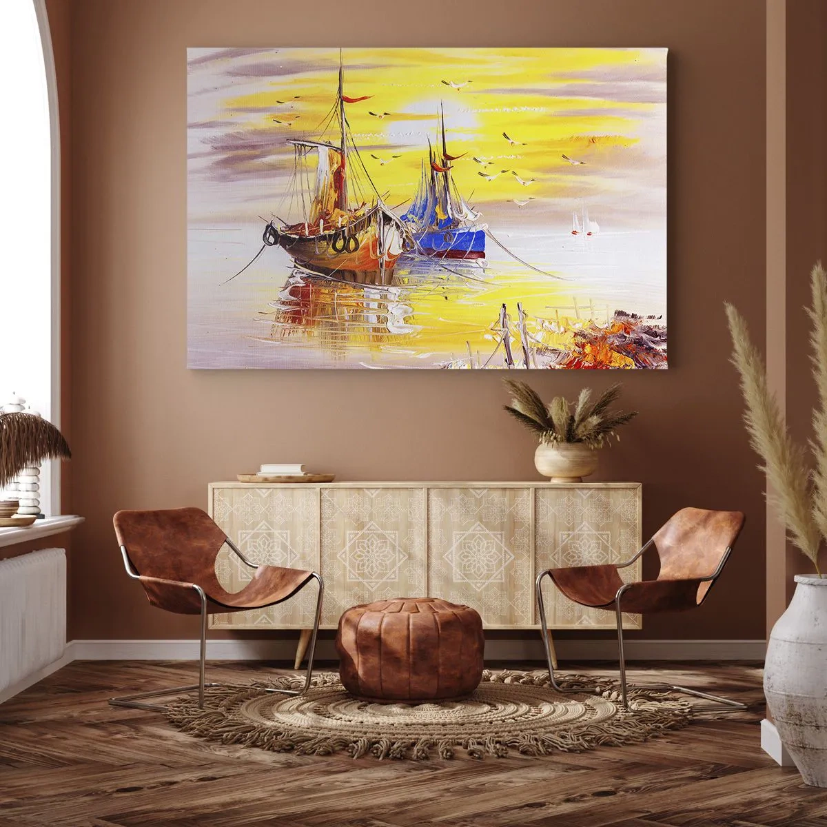 Cuadro sobre lienzo - Impresión de Imagen - Una escena pictórica de barcos en un mar en calma. - 70x50cm - Un merecido descanso en el puerto - Decoración de pared moderna para salón y dormitorio ARTTOR
