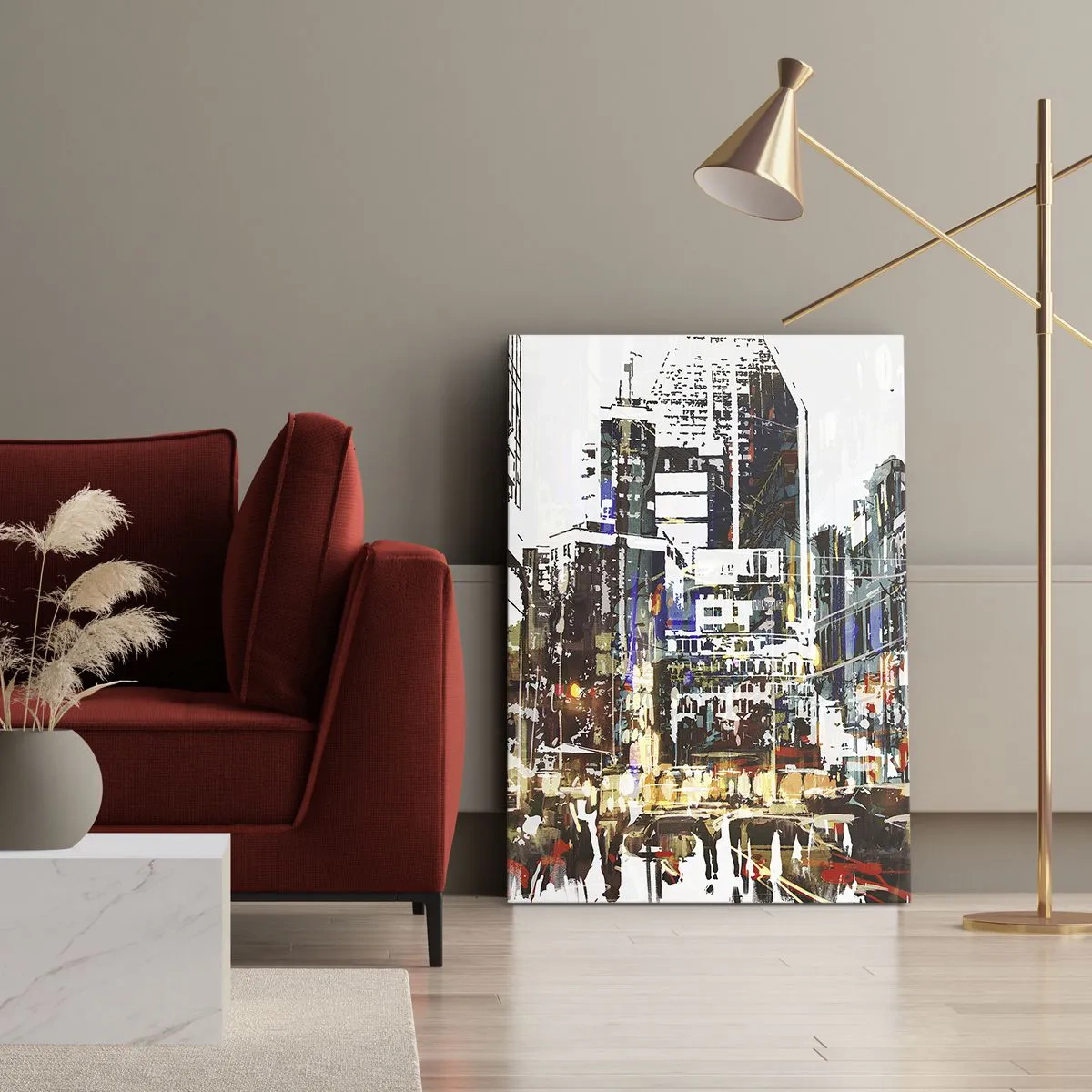 Cuadro sobre lienzo - Impresión de Imagen - Un paisaje urbano moderno de estilo artístico. - 50x70cm - Ciudad parpadeante - Decoración de pared moderna para salón y dormitorio ARTTOR