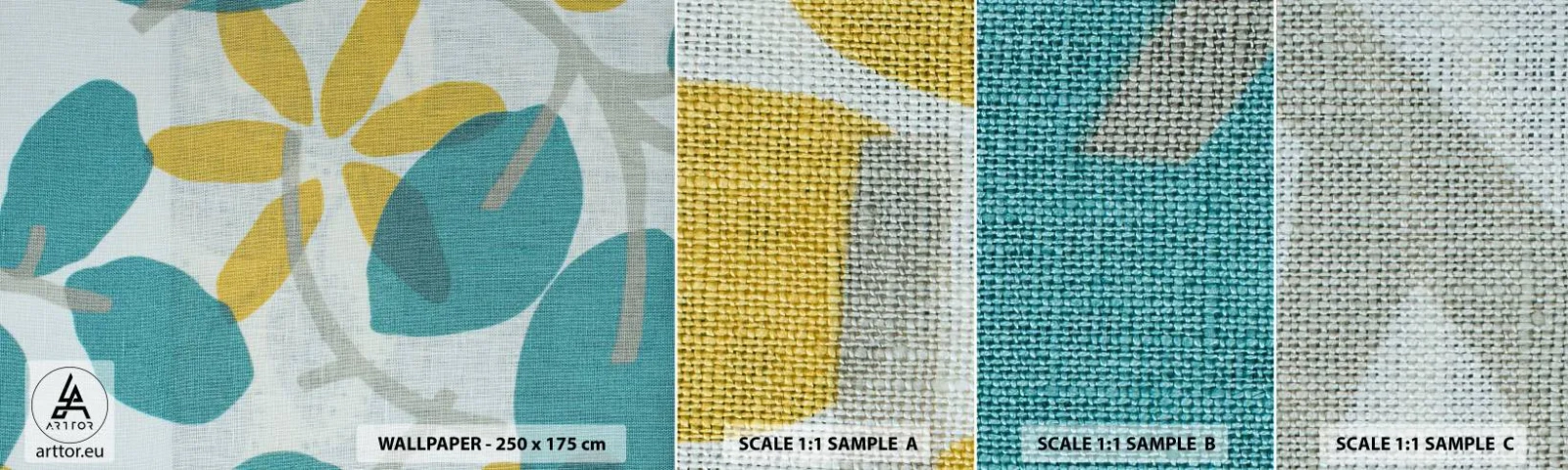 Muestra de fotomural autoadhesivo Deluxe Sticker - Entre hojas azules - bohemia, flores, Minimalismo - 100x30 cm