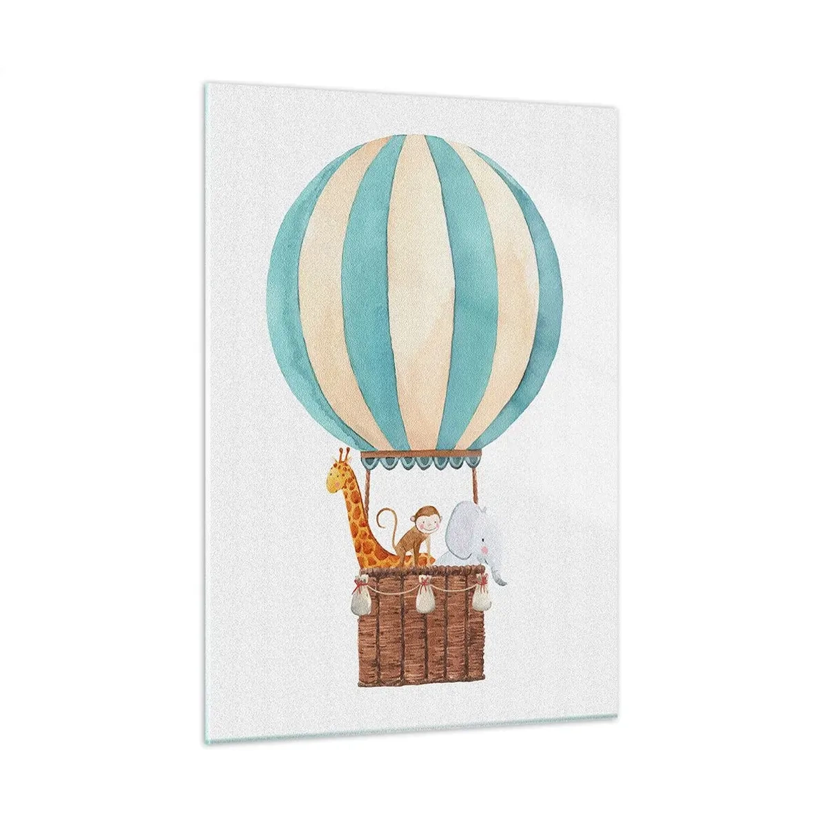 Cuadro sobre vidrio - Impresiones sobre Vidrio - Un globo con una jirafa, un mono y un elefante sobre un fondo blanco. - 50x70cm - Viaje fantástico - Decoración de pared moderna para salón y dormitorio ARTTOR