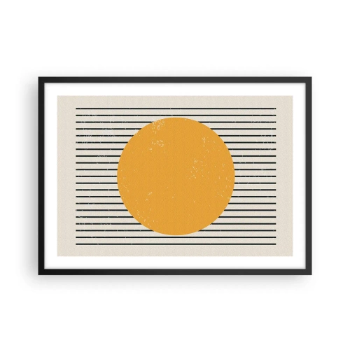 Póster en marco negro - Un círculo amarillo sobre un fondo de líneas horizontales blancas y negras. - 70x50cm - El poder de la sencillez - Decoración de pared moderna para salón y dormitorio ARTTOR
