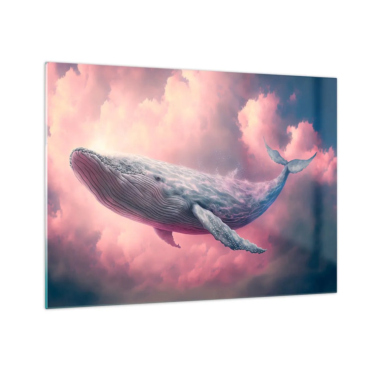 Cuadro sobre vidrio - Impresiones sobre Vidrio - Una ballena flotando en las nubes con un brillo rosado. - 70x50cm - La reina de los mares asciende - Decoración de pared moderna para salón y dormitorio ARTTOR