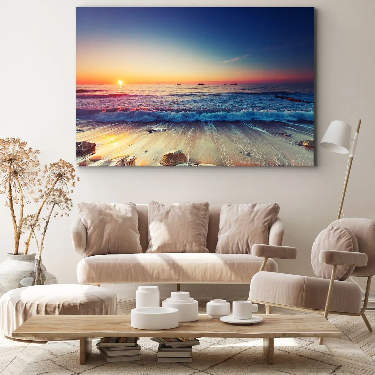 Cuadro sobre lienzo - Impresión de Imagen - Puesta de sol sobre un mar tranquilo con olas - 70x50cm - ¿Y qué hay tras el horizonte? - Decoración de pared moderna para salón y dormitorio ARTTOR