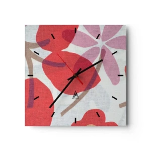 Reloj de pared - Reloj de vidrio - Flores y hojas en tonos rojos y rosas. - 30x30cm - Composición floral en rosa - Decoración de pared moderna para salón y dormitorio ARTTOR