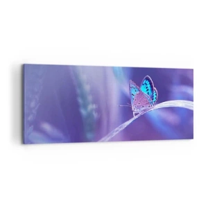 Cuadro sobre lienzo - Impresión de Imagen - Una delicada mariposa azul sobre un tallo en luz violeta. - 120x50cm - Una joya de la naturaleza - Decoración de pared moderna para salón y dormitorio ARTTOR