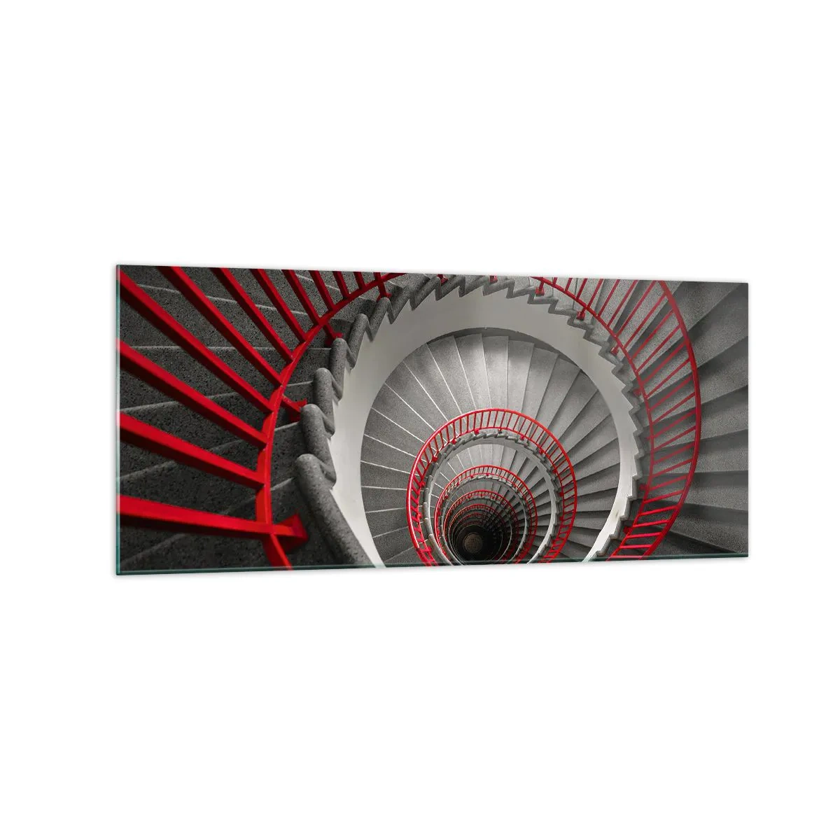 Cuadro sobre vidrio - Impresiones sobre Vidrio - Escalera de caracol con pasamanos rojos en perspectiva dinámica. - 120x50cm - Juegos arquitectónicos - Decoración de pared moderna para salón y dormitorio ARTTOR