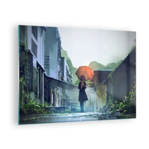 Cuadro sobre vidrio - Impresiones sobre Vidrio - Una figura con un paraguas naranja en una calle lluviosa. - 70x50cm - Una lluvia revitalizante - Decoración de pared moderna para salón y dormitorio ARTTOR