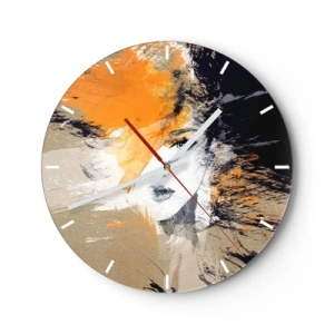 Reloj de pared - Reloj de vidrio - Retrato abstracto de una mujer en tonos cálidos de naranja y beige. - 30x30cm - Y se convierte en luz - Decoración de pared moderna para salón, cocina y dormitorio ARTTOR