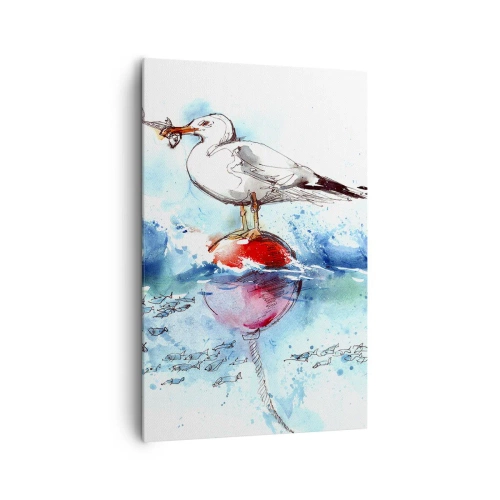 Cuadro sobre lienzo - Impresión de Imagen - Gaviota en una boya con peces al fondo en estilo acuarela - 80x120cm - Una captura exitosa - Decoración de pared moderna para salón y dormitorio ARTTOR