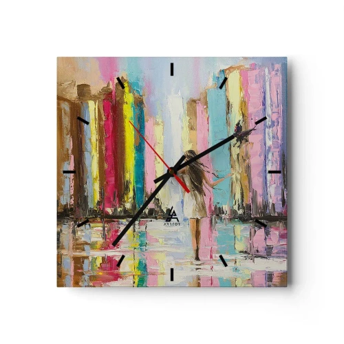 Reloj de pared - Reloj de vidrio - Una ciudad colorida y una mujer con un vestido blanco con un pájaro. - 30x30cm - Sígueme - Decoración de pared moderna para salón y dormitorio ARTTOR