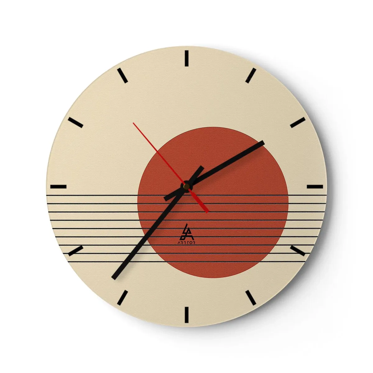 Reloj de pared - Reloj de vidrio - Motivo geométrico con un círculo naranja y líneas negras. - 30x30cm - Cruzando el círculo - Decoración de pared moderna para salón, cocina y dormitorio ARTTOR
